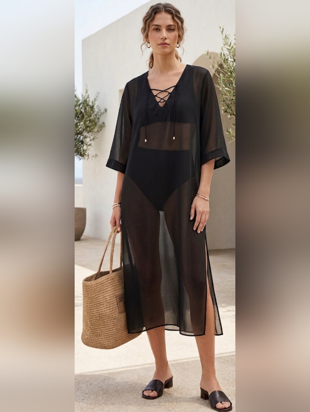 Emporio Armani Swimwear Black Lace-Up Kaftan Cover-Up Size S